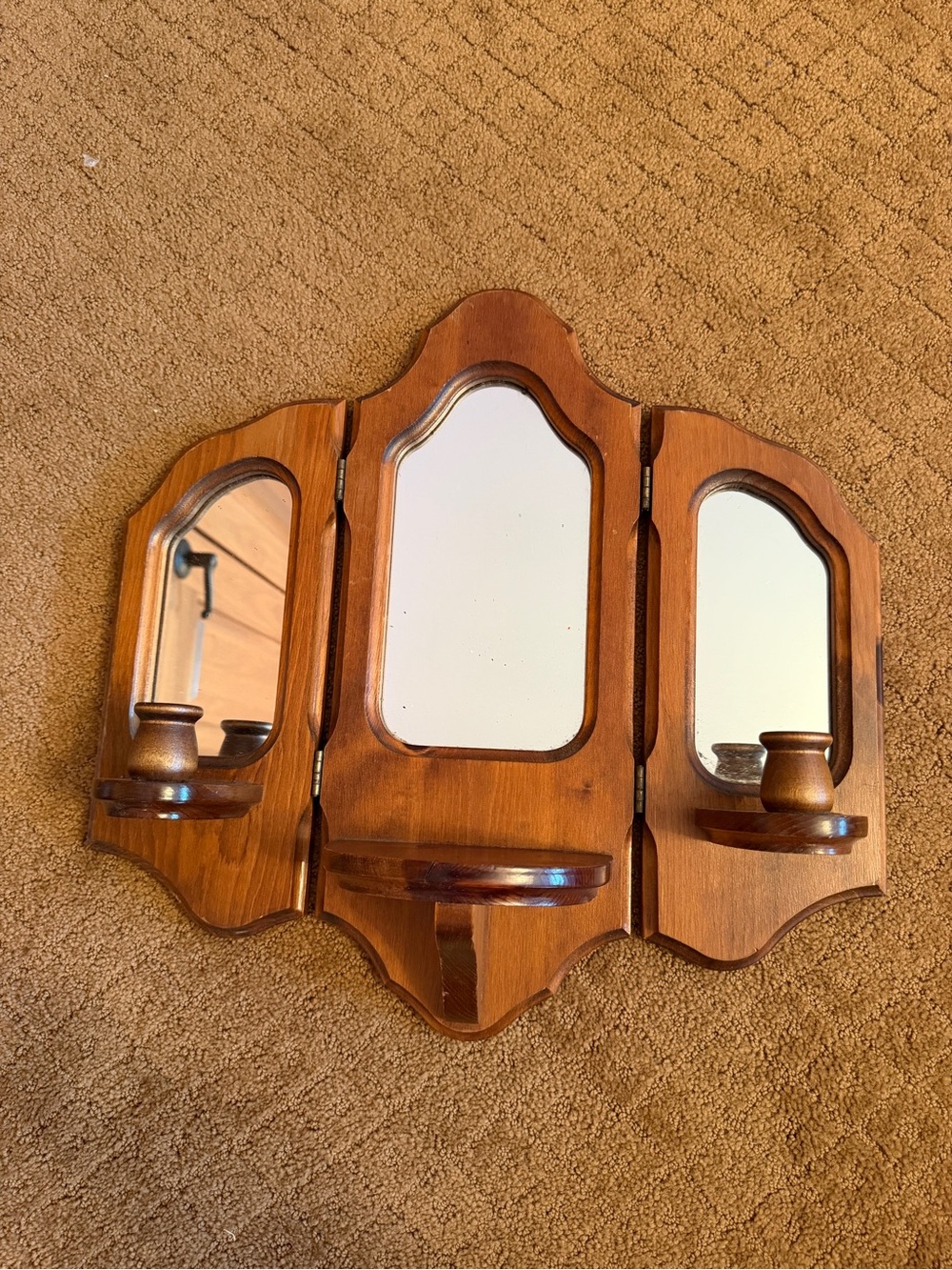 Vintage MCM Tri-fold Handcrafted Wooden Wall Sconce Mirror Candle Holders
